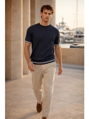 Valiberta Dale Kolları Şeritli Bisiklet Yaka Ince Triko Örme Regular Fit Erkek T-Shirt - Lacivert