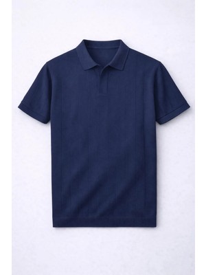 Valiberta Elatus Çizgili V Yaka Ince Triko Relaxed Fit Polo Yaka Erkek T-Shirt - Lacivert