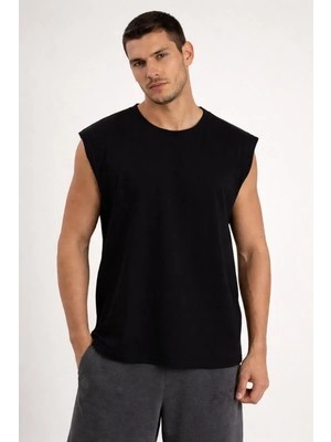 Valiberta Mantius Oversize Bisiklet Yaka Erkek Atlet Kolsuz T-Shirt - Siyah