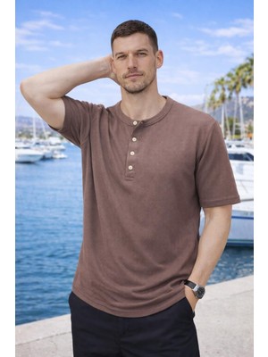 Valiberta Roth Relaxed Fit Günlük Henley Yaka Waffle Kumaş Yazlık Kısa Kollu T-Shirt - Vizon