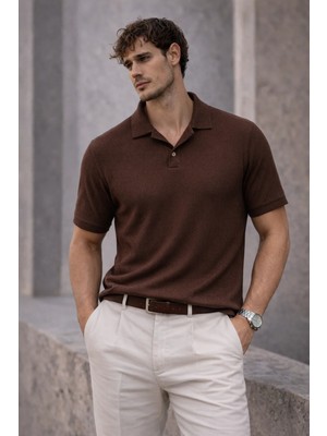 Valiberta Aretus Şönil Kumaş Regular Fit Tek Düğmeli Polo Yaka Erkek T-Shirt - Kahve