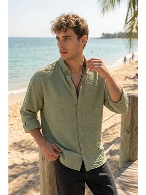 Valiberta Pera Kumaş Keten Görünümlü Yarım Oversize Uzun Kollu Erkek Gömlek - Açık Haki