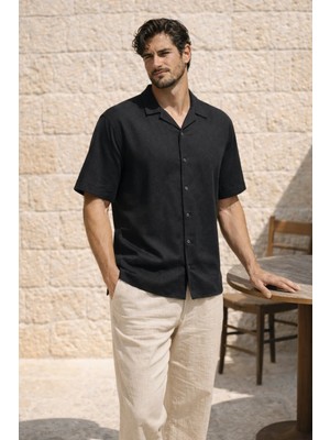 Valiberta Doris Oversize Kalıp Odessa Kumaş Resort Yaka Kısa Kollu Erkek Gömlek - Siyah
