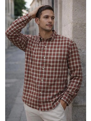Valiberta Jacob Kareli %100 Pamuklu Relaxed Fit Casual Giyim Ekose Erkek Gömlek - Kiremit