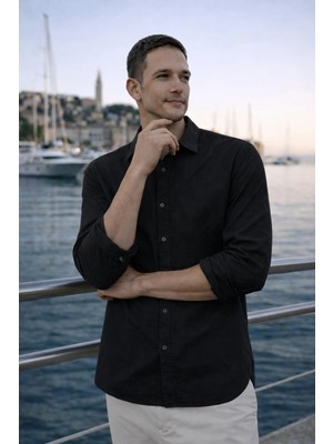 Valiberta Hurley Çizgili Modal Kumaş Relaxed Fit Günlük Giyim Erkek Gömlek - Siyah