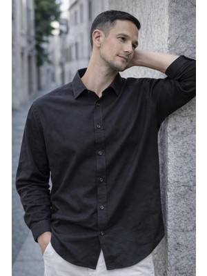 Valiberta Faulkner Modal Kumaş Yakalı Uzun Kollu Yazlık Erkek Gömlek - Siyah