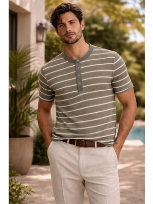 Valiberta Kristof Pike Kumaş Regular Fit Düğmeli Yaka Kendinden Çizgili T-Shirt - Yeşil