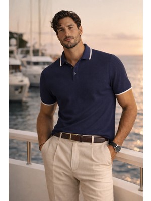 Valiberta Balzac Yakası Şeritli Düğmeli Polo Yaka Basic Günlük Petek Örgü Triko Erkek T-Shirt - Lacivert