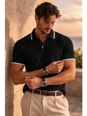 Valiberta Balzac Yakası Şeritli Düğmeli Polo Yaka Basic Günlük Petek Örgü Triko Erkek T-Shirt - Siyah