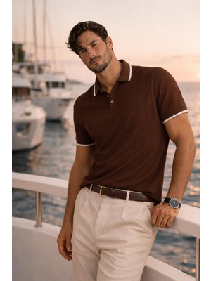 Valiberta Balzac Yakası Şeritli Düğmeli Polo Yaka Basic Günlük Petek Örgü Triko Erkek T-Shirt - Kahve