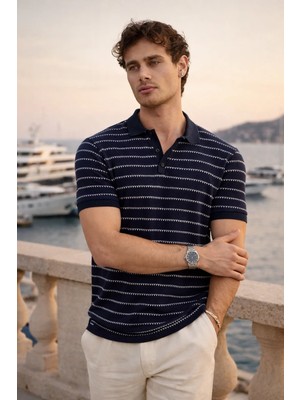 Valiberta Nordic Desenli Örme Kumaş Viskon Erkek T-Shirt - Lacivert