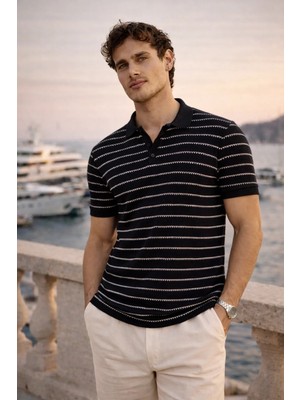 Valiberta Nordic Desenli Örme Kumaş Viskon Erkek T-Shirt - Siyah