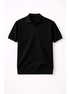Valiberta Dawson Polo V Yaka Düğmesiz Kısa Kollu Tok Kumaş Triko Erkek T-Shirt - Siyah