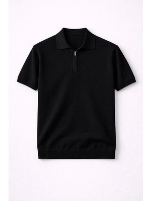 Valiberta Linus Fermuarlı Polo Yaka Kısa Kollu Ince Triko Erkek T-Shirt - Siyah