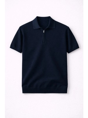 Valiberta Linus Fermuarlı Polo Yaka Kısa Kollu Ince Triko Erkek T-Shirt - Lacivert