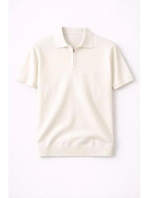 Valiberta Linus Fermuarlı Polo Yaka Kısa Kollu Ince Triko Erkek T-Shirt - Bej