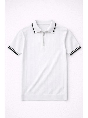 Valiberta Jared Yakası Şeritli Dik Çizgili Yarım Fermuar Ince Triko Erkek T-Shirt - Beyaz