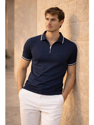 Valiberta Jared Yakası Şeritli Dik Çizgili Yarım Fermuar Ince Triko Erkek T-Shirt - Lacivert