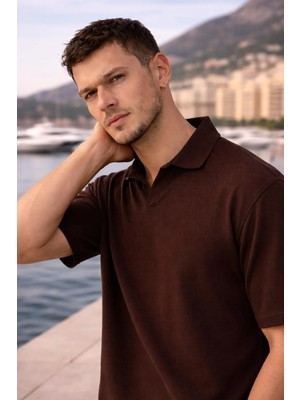 Valiberta Leodes Waffle Kumaş Polo Yaka Relaxed Fit Düğmesiz Erkek T-Shirt - Kahve
