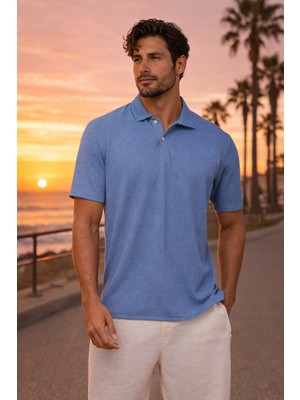 Valiberta Evenor Kabartma Desenli Polo Yaka Düğmeli Relaxed Fityumuşak Ince Erkek T-Shirt - Mavi