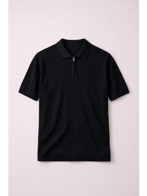 Valiberta Burke Saç Örgü Yarım Fermuarlı Kısa Kollu Ince Triko Erkek T-Shirt - Siyah