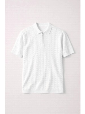 Valiberta Burke Saç Örgü Yarım Fermuarlı Kısa Kollu Ince Triko Erkek T-Shirt - Ekru