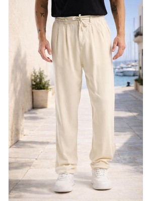 Valiberta Magnus Tensel Kumaş Relaxed Fit Beli Lastikli Yazlık Erkek Pantolon - Krem
