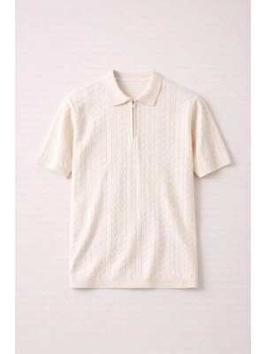 Valiberta Burke Saç Örgü Yarım Fermuarlı Kısa Kollu Ince Triko Erkek T-Shirt - Bej