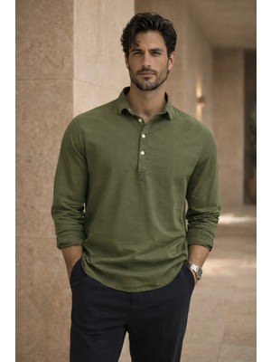 Valiberta Yarım Pat Yakalı York Pamuk Kumaşlı Uzun Kollu Erkek Gömlek - Açık Haki