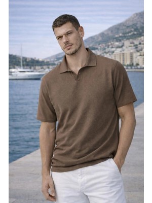 Valiberta Leodes Waffle Kumaş Polo Yaka Relaxed Fit Düğmesiz Erkek T-Shirt - Kapari