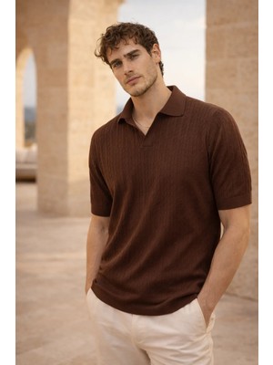 Valiberta Nestor Saç Örgü Desenli Polo Yaka Regular Fit Örme Ince Triko Erkek T-Shirt - Kahve