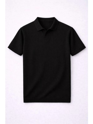 Valiberta Elatus Çizgili V Yaka Ince Triko Relaxed Fit Polo Yaka Erkek T-Shirt - Siyah