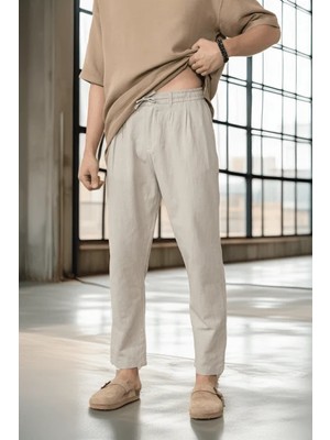 Valiberta Pamuk Flamli Düz Paça Rahat Kalıp Jogger Erkek Pantolon - Kum Beji