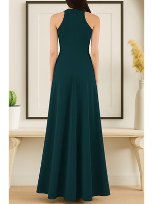 Munnn Collection Munn Collection Kadın Kolsuz Halter Yaka Derin Yırtmaç Detaylı Tam Boy Ithal Krep Elbise