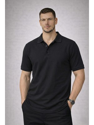 Valiberta Orlando Polo Yaka Pike Kumaş Relaxed Fit Basic Düğmeli Relaxed Fit Erkek T-Shirt - Siyah