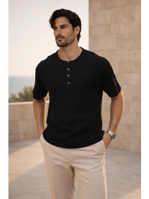 Valiberta Roth Relaxed Fit Günlük Henley Yaka Waffle Kumaş Yazlık Kısa Kollu T-Shirt - Siyah