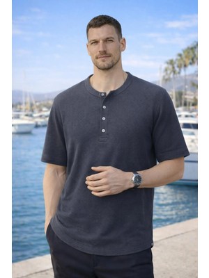 Valiberta Roth Relaxed Fit Günlük Henley Yaka Waffle Kumaş Yazlık Kısa Kollu T-Shirt - Füme