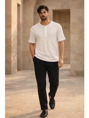 Valiberta Roth Relaxed Fit Günlük Henley Yaka Waffle Kumaş Yazlık Kısa Kollu T-Shirt - Ekru