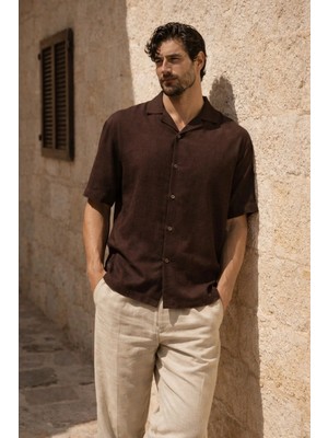Valiberta Doris Oversize Kalıp Odessa Kumaş Resort Yaka Kısa Kollu Erkek Gömlek - Kahve