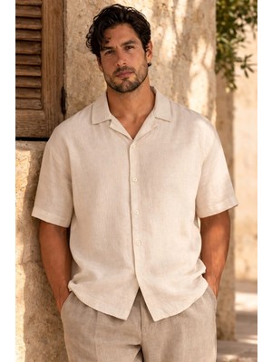 Valiberta Doris Oversize Kalıp Odessa Kumaş Resort Yaka Kısa Kollu Erkek Gömlek - Bej