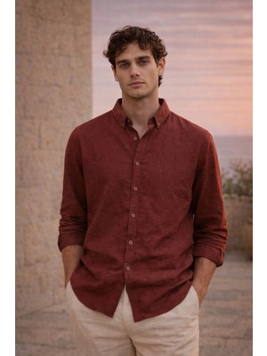 Valiberta Pera Kumaş Keten Görünümlü Yarım Oversize Uzun Kollu Erkek Gömlek - Bordo