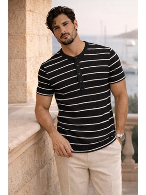 Valiberta Kristof Pike Kumaş Regular Fit Düğmeli Yaka Kendinden Çizgili T-Shirt - Siyah