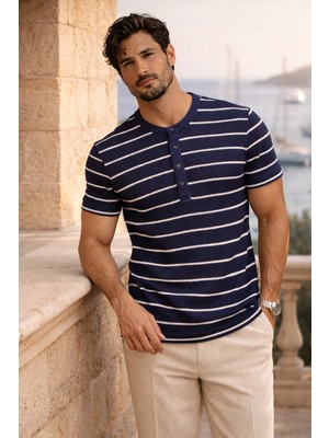 Valiberta Kristof Pike Kumaş Regular Fit Düğmeli Yaka Kendinden Çizgili T-Shirt - Lacivert