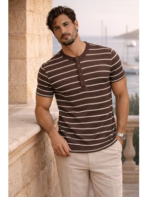 Valiberta Kristof Pike Kumaş Regular Fit Düğmeli Yaka Kendinden Çizgili T-Shirt - Kahve
