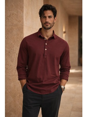 Valiberta Yarım Pat Yakalı York Pamuk Kumaşlı Uzun Kollu Erkek Gömlek - Bordo