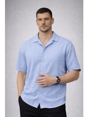 Valiberta Yarım Oversize Apaş Yaka Kısa Kol Müslin Kumaş Erkek Gömlek - Buz Mavi