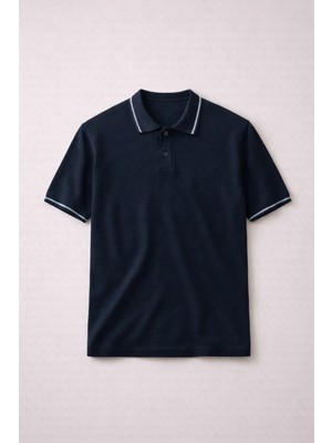 Valiberta Austen Kontrast Biyeli Düğmeli Polo Yaka Kısa Kollu Ince Triko Erkek T-Shirt - Lacivert