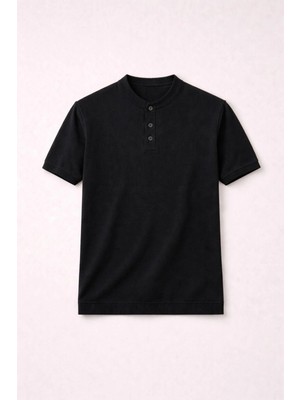 Valiberta Dogen Hakim Yaka Düğmeli Kısa Kollu Ince Triko Erkek T-Shirt - Siyah