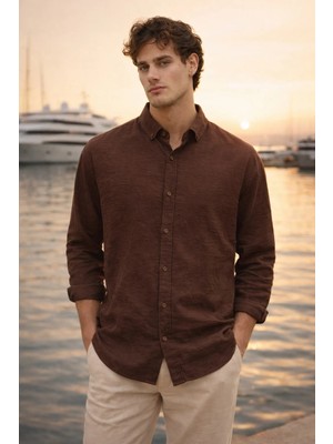 Valiberta Pera Kumaş Keten Görünümlü Yarım Oversize Uzun Kollu Erkek Gömlek - Kahve