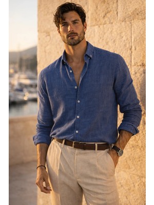 Valiberta Bien Pamuk Keten Erkek Gömlek - Lacivert